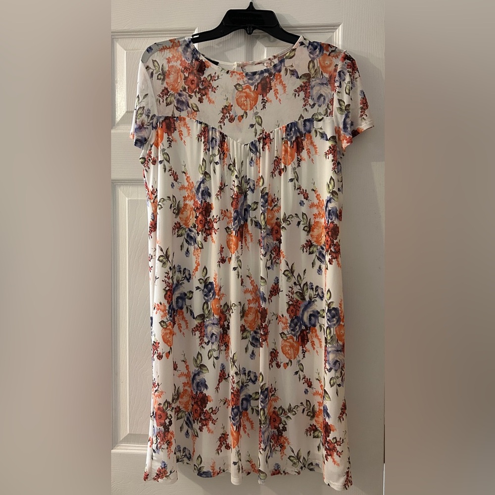 Floral Print Dress with Orange and Blue Accents